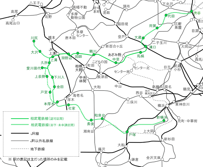 地図：相武電鉄路線図（現在の鉄道路線と対比