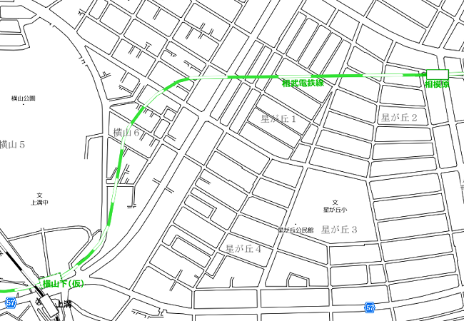 地図：相模原停車場→（仮）横山下停車場略図