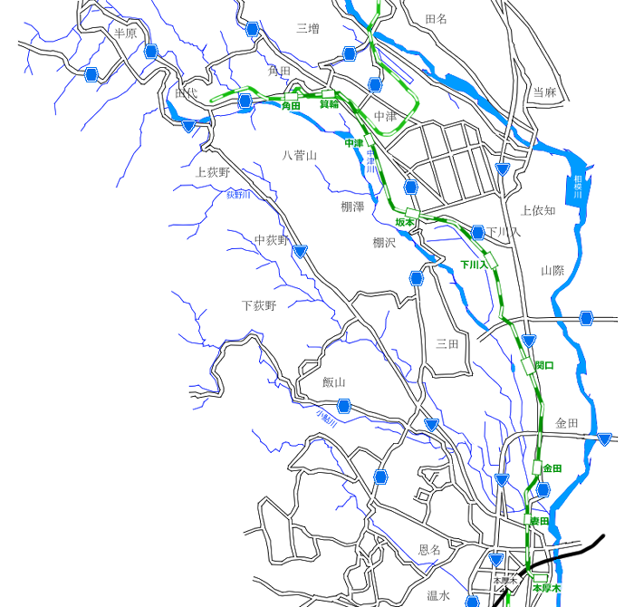 図表：愛川村方面～中津・金田～本厚木停車場略図