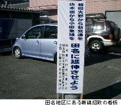写真：田名地区に立つ新線招致の看板
