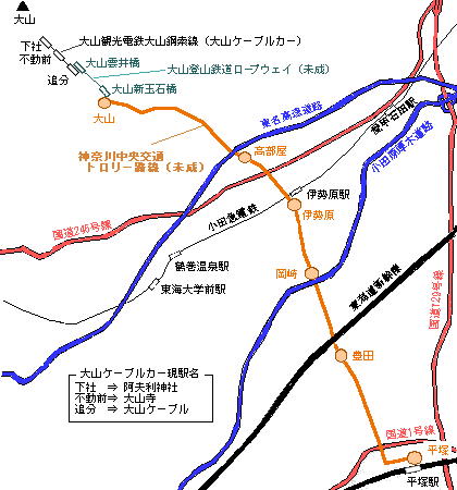 地図：昭和30年代の大山に計画された鉄道予定線